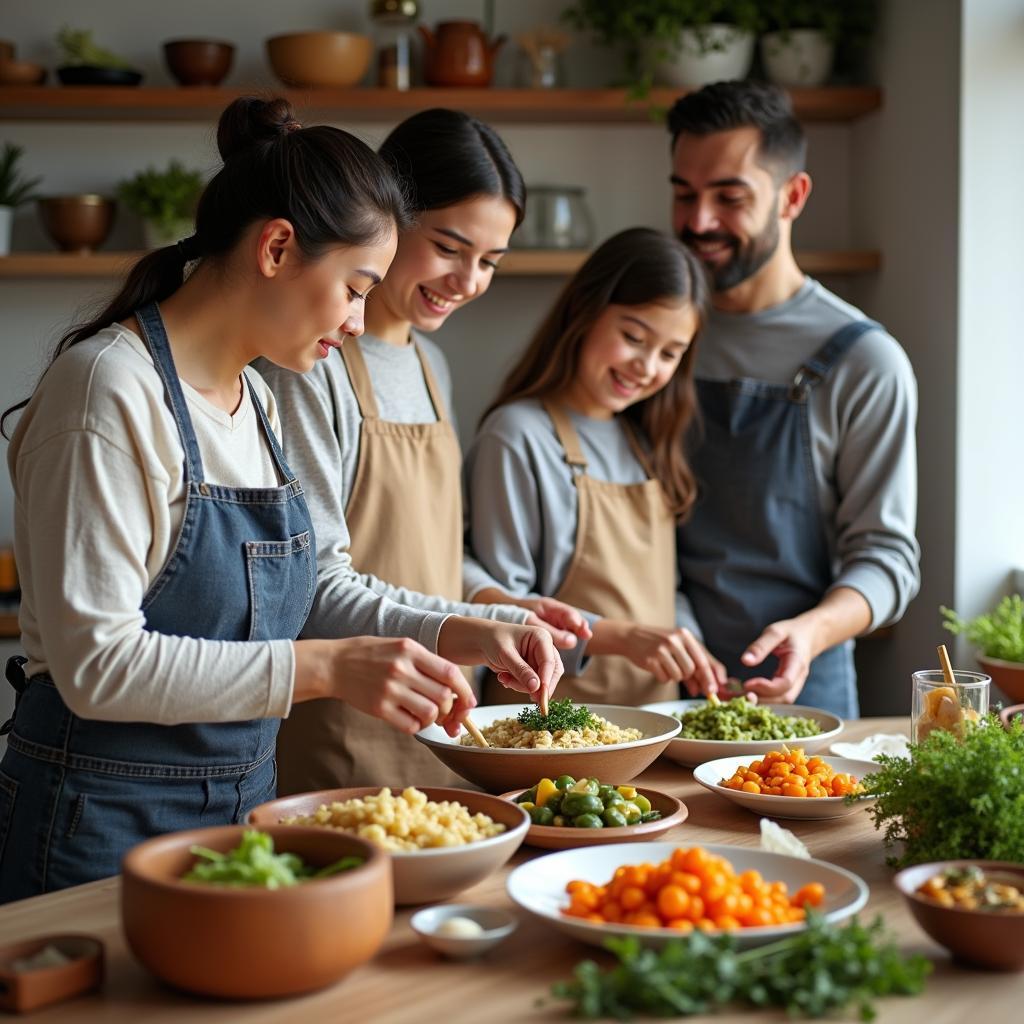 Multi-generational family cooking traditional recipes together