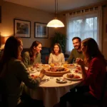 Family enjoying dinner together while discussing memories and traditions