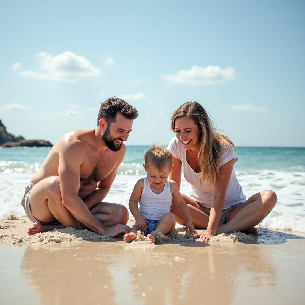 Family of four enjoying beach activities during vacation