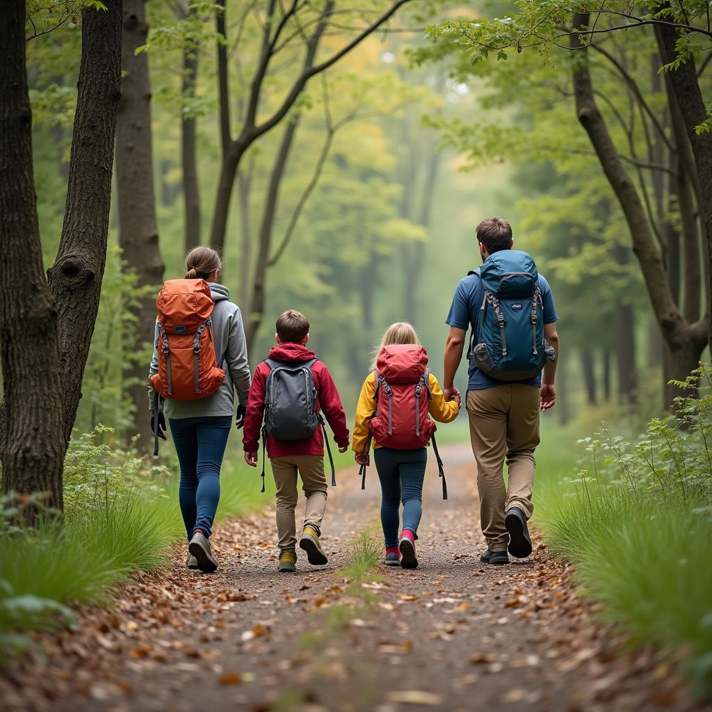 Family enjoying outdoor hiking activity on nature trail