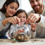 Family members contributing to savings jar