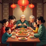 Extended family celebrating Lunar New Year with traditional activities