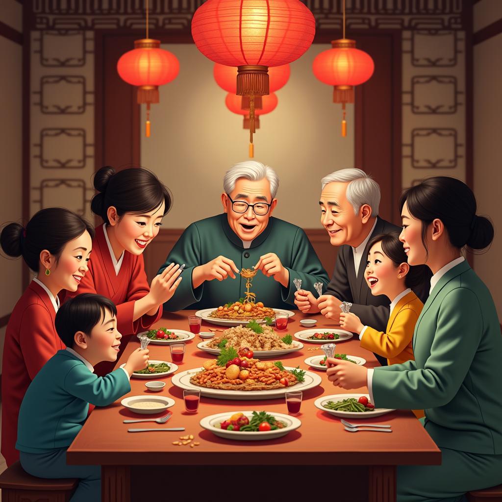 Extended family celebrating Lunar New Year with traditional activities