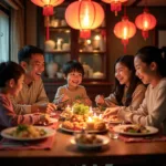 Family celebrating Lunar New Year with traditional activities