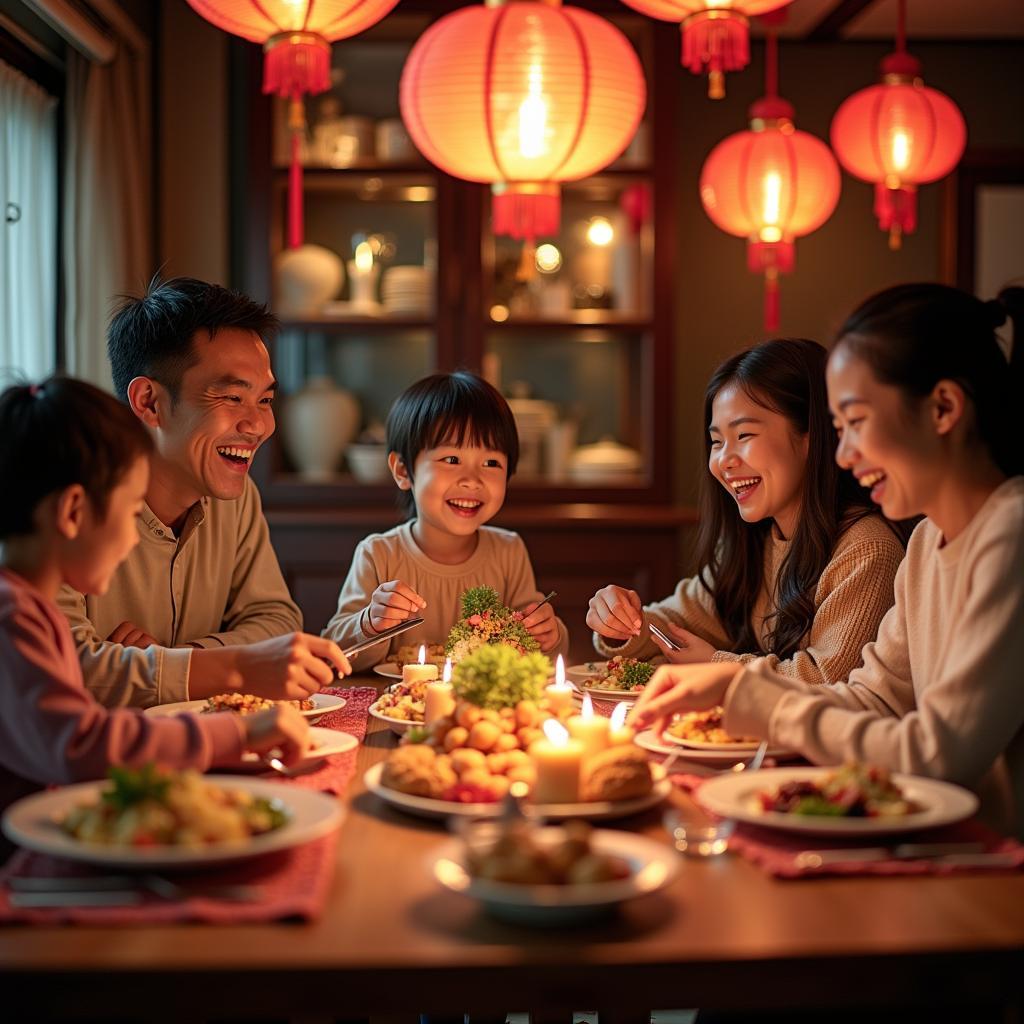 Family celebrating Lunar New Year with traditional activities