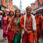 People celebrating traditional festival with colorful decorations and traditional costumes
