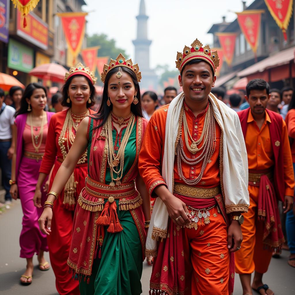 People celebrating traditional festival with colorful decorations and traditional costumes