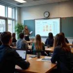 Students learning about financial management in modern classroom