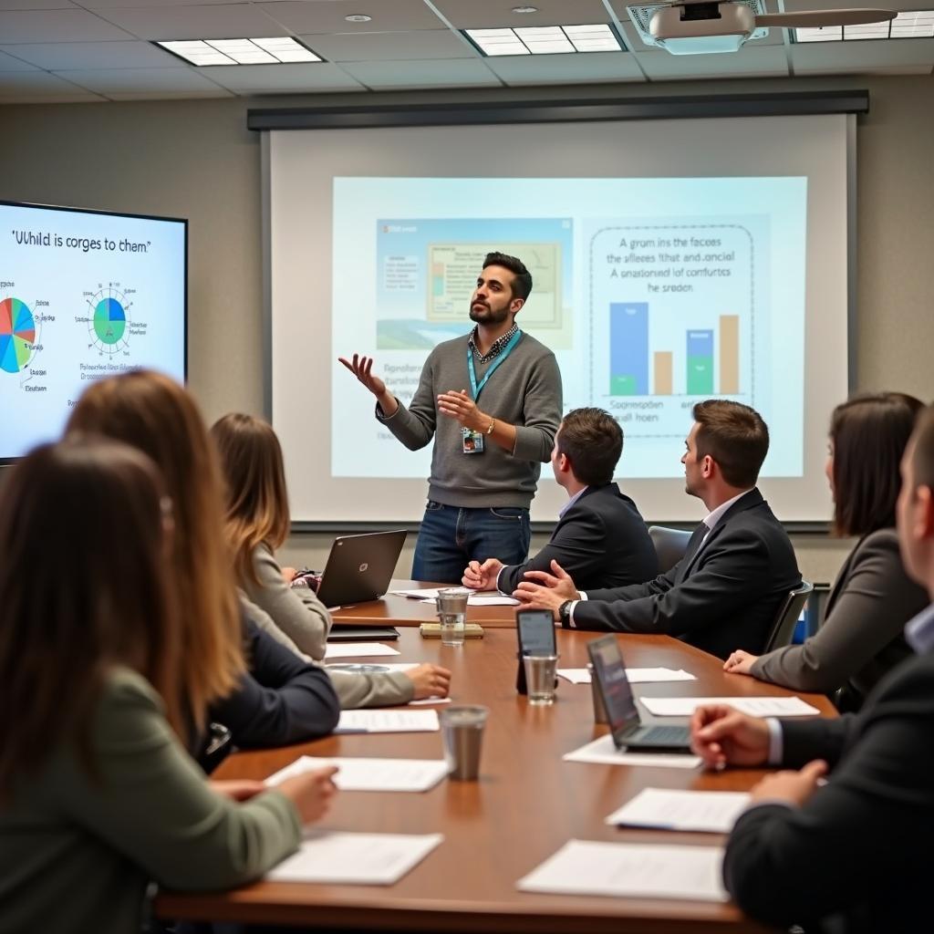 Professional financial advisor explaining investment strategies to diverse group of people