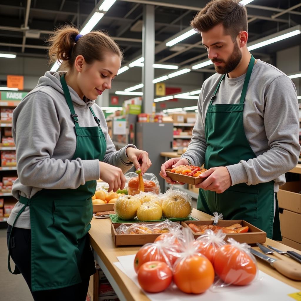 Supermarket staff donating excess food to charity