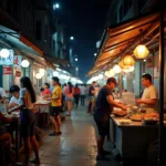 Vibrant food street with various local delicacies and busy crowds