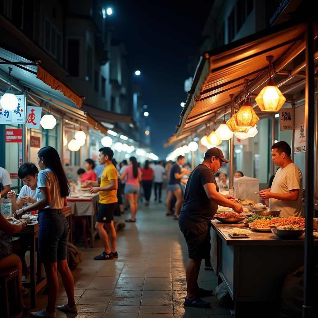 Vibrant food street with various local delicacies and busy crowds