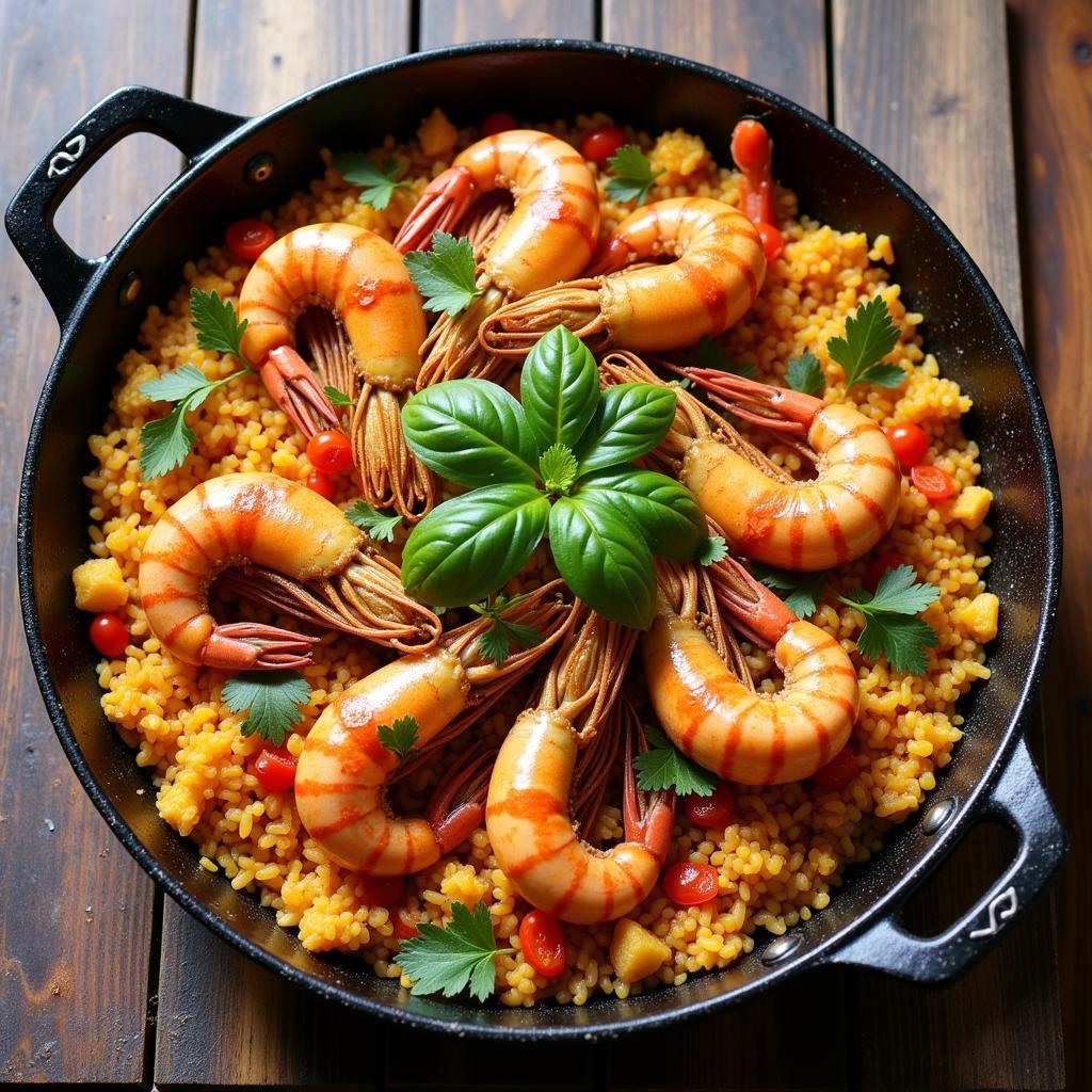 Traditional Spanish Paella with Seafood and Saffron Rice