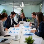 Modern office workers discussing four-day workweek benefits