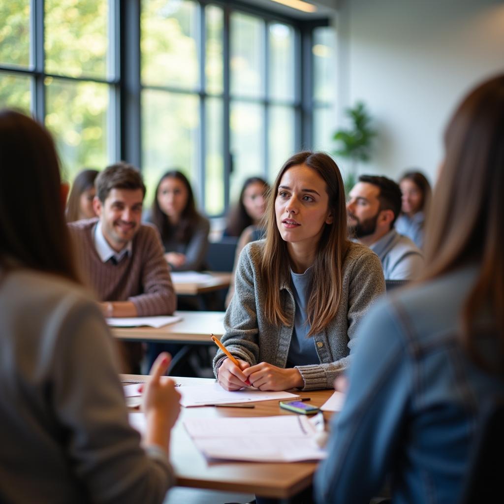 Students participating in classroom discussion about free university education