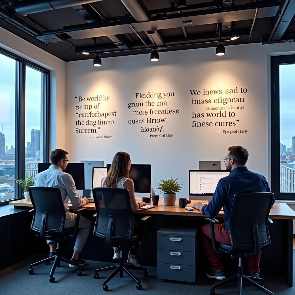 Journalists working in newsroom with freedom of press quotes