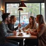 Friends enjoying coffee and conversation at cafe