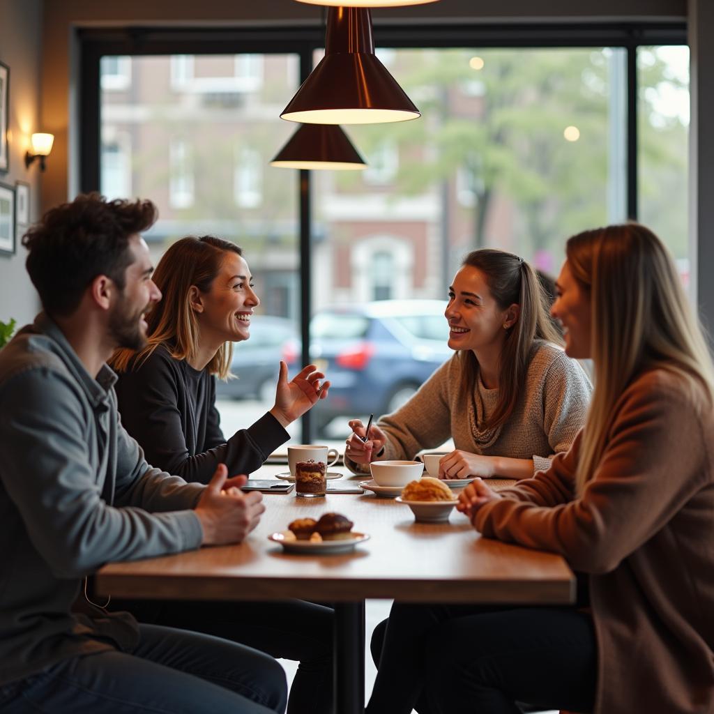Friends enjoying coffee and conversation at cafe