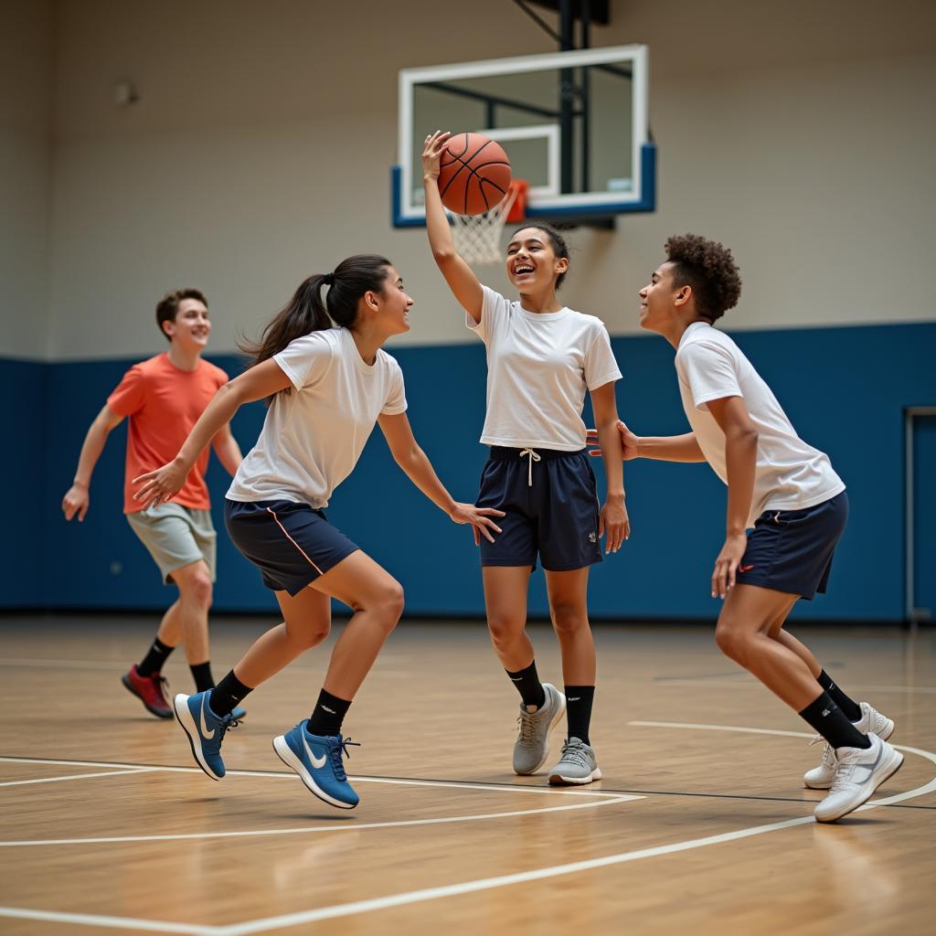Friends enjoying basketball game at indoor court