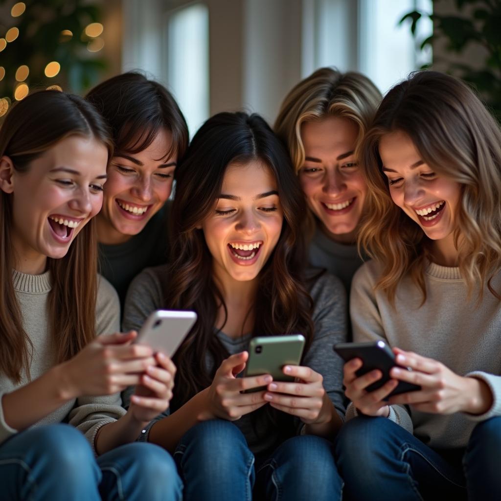 Friends sharing good news through social media platforms