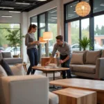 A person carefully examining furniture options in a modern showroom