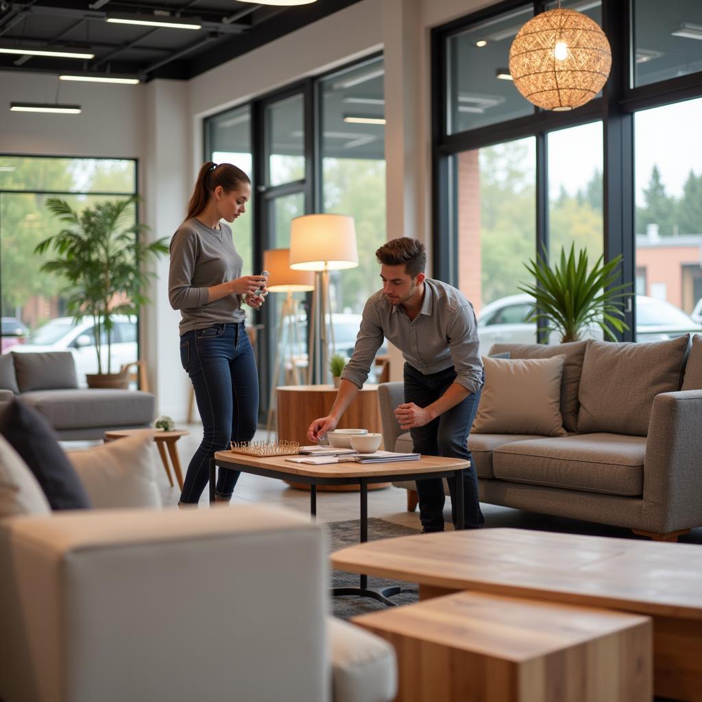 A person carefully examining furniture options in a modern showroom