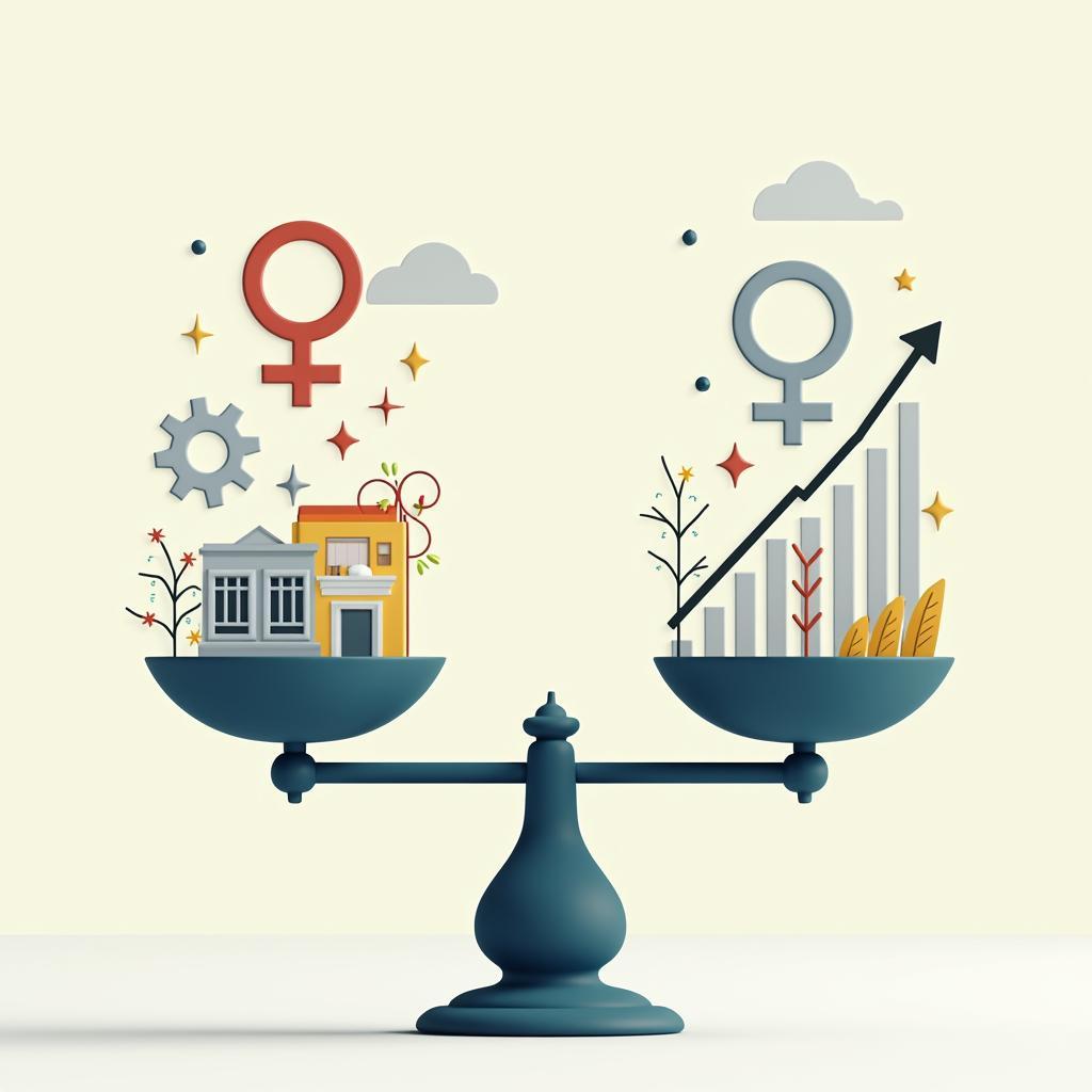 Gender equality and economic development illustration showing balanced scales