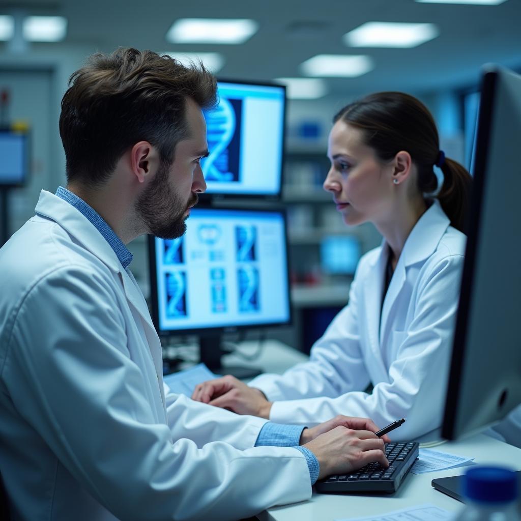 Medical professionals analyzing genetic test results in modern laboratory
