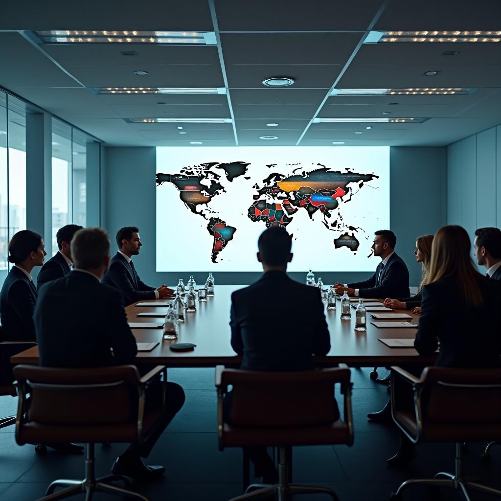 Corporate meeting showing diverse business professionals discussing cultural adaptation strategies