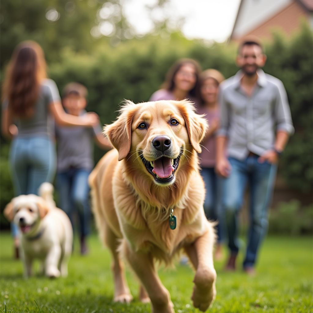 Golden Retriever playing with family