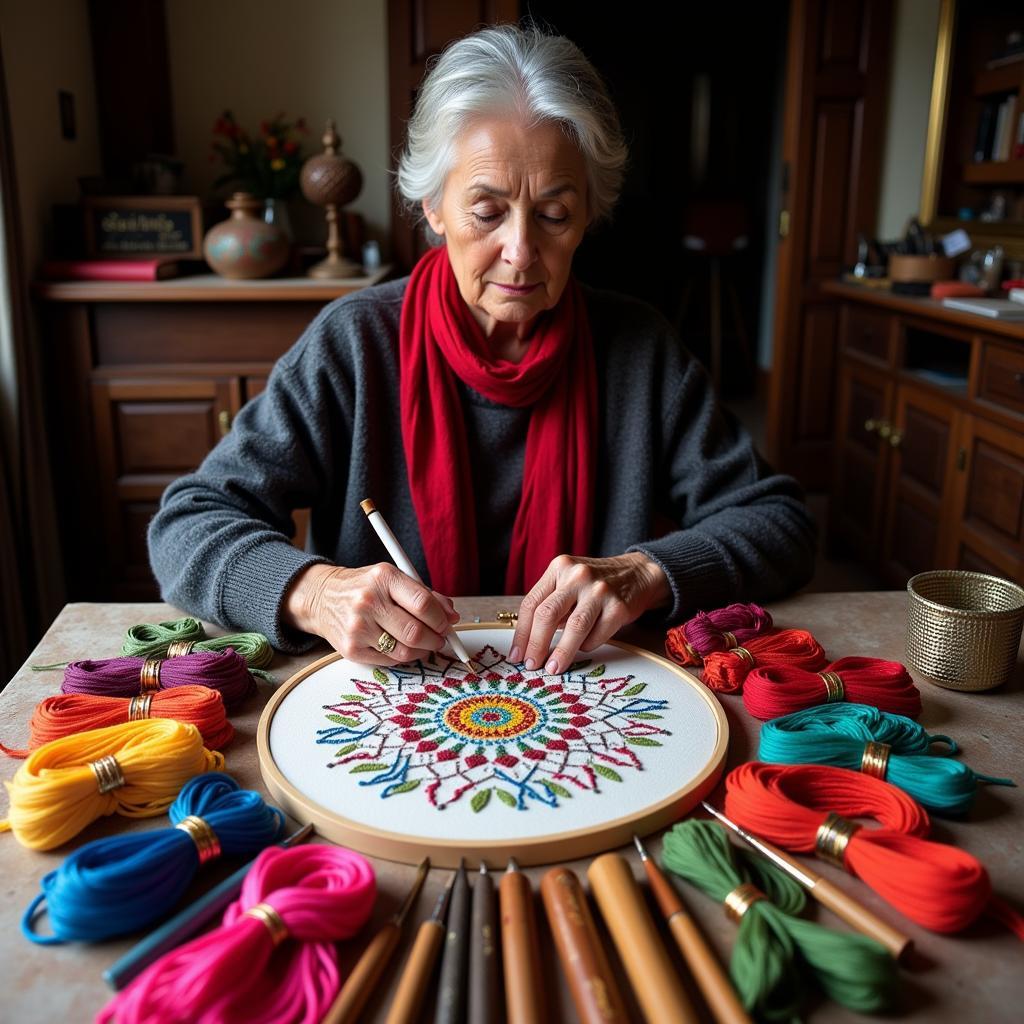 Elderly woman creating detailed embroidery with traditional techniques