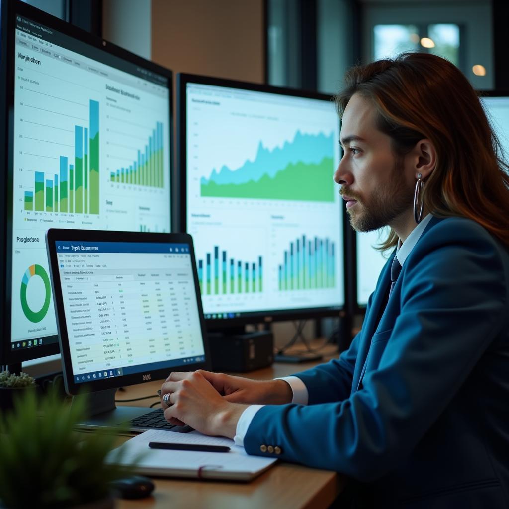 Financial analyst examining green investment performance metrics on multiple screens