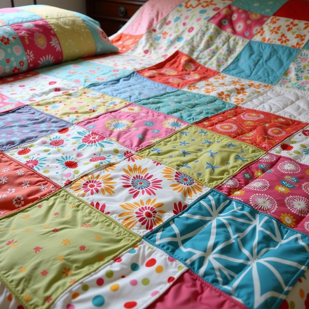 A detailed view of a handmade patchwork quilt with meaningful fabric pieces