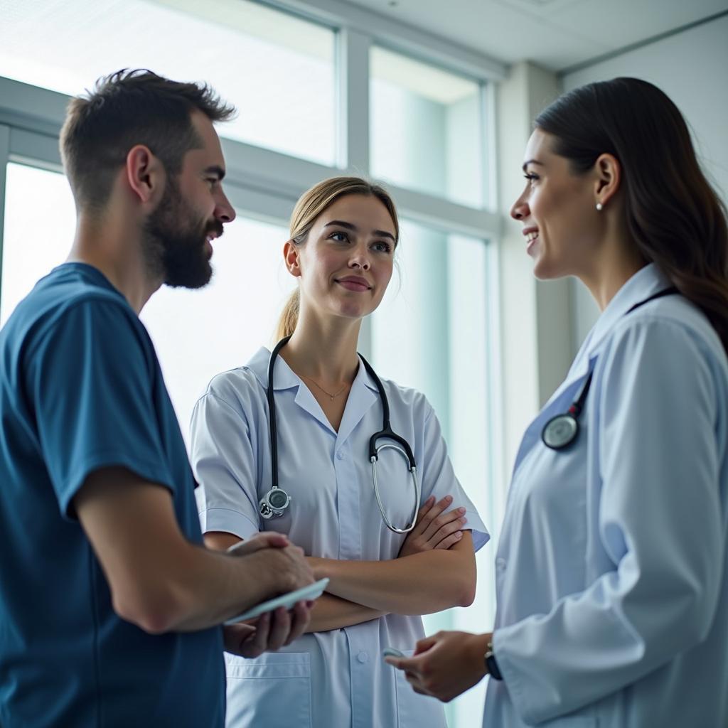 Healthcare professionals consulting with patient in modern clinic