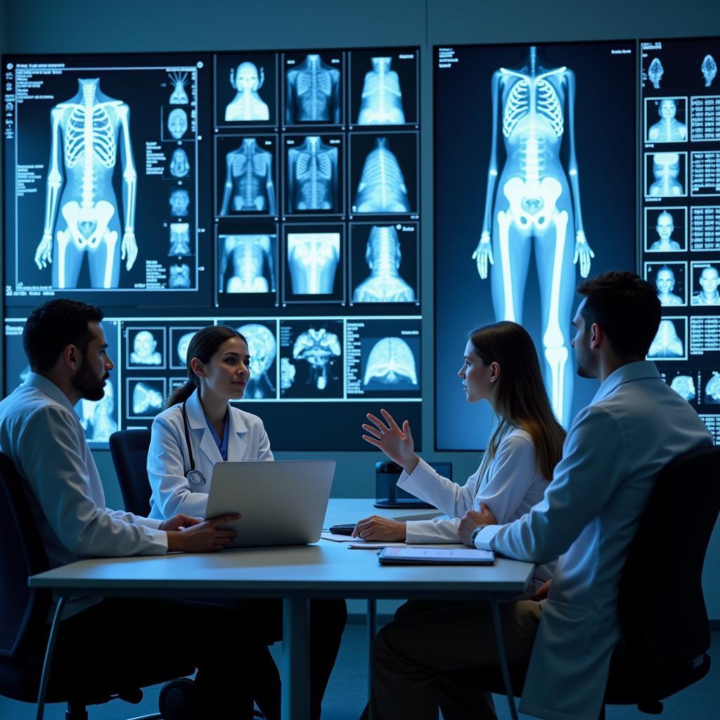 Healthcare professionals analyzing patient data using modern technology