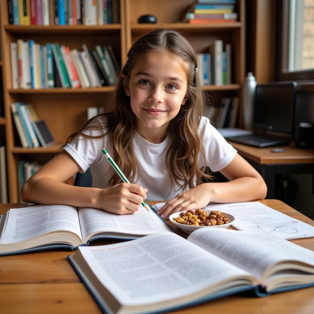 Student studying while eating nutritious snacks