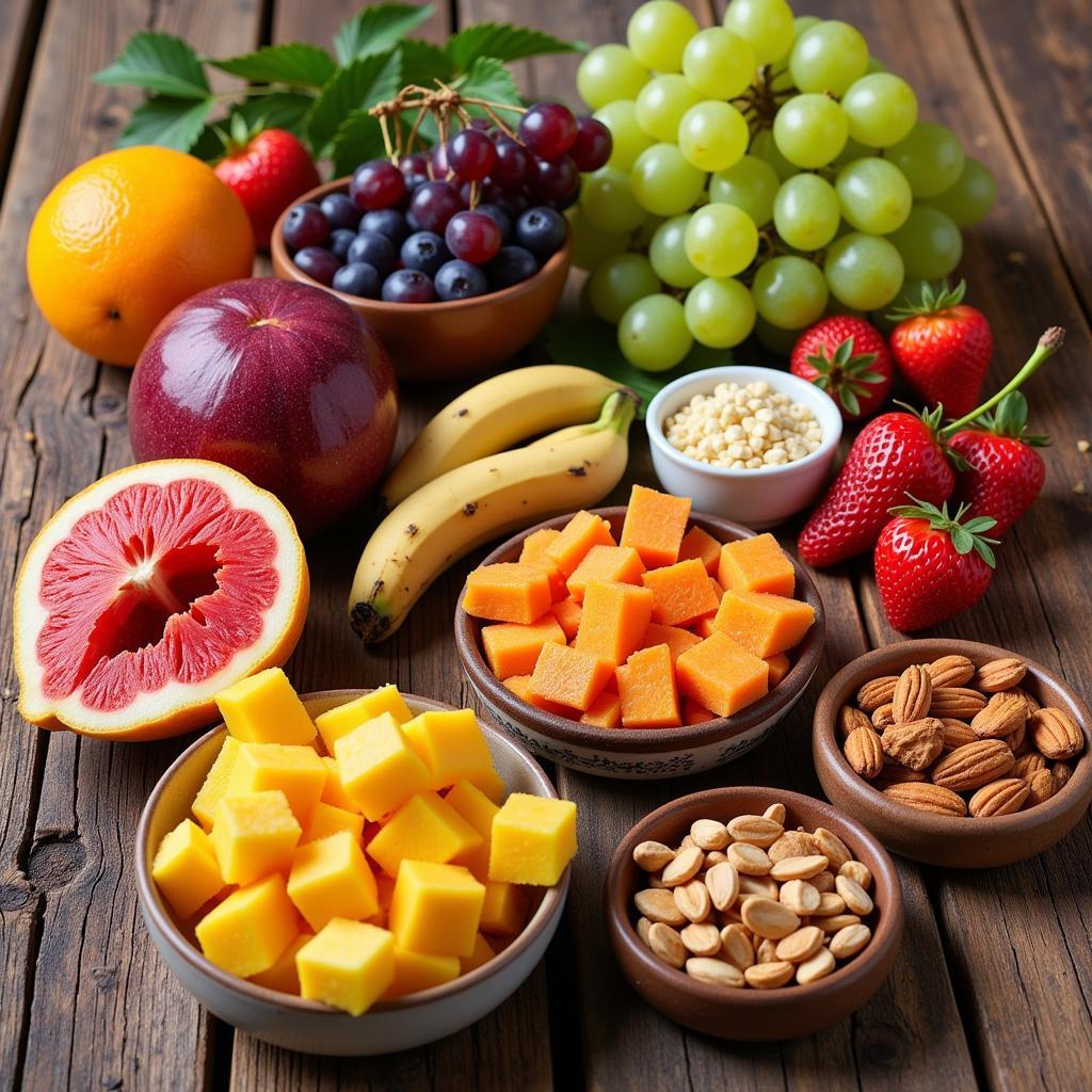 Various healthy snack options including fresh fruits and nuts