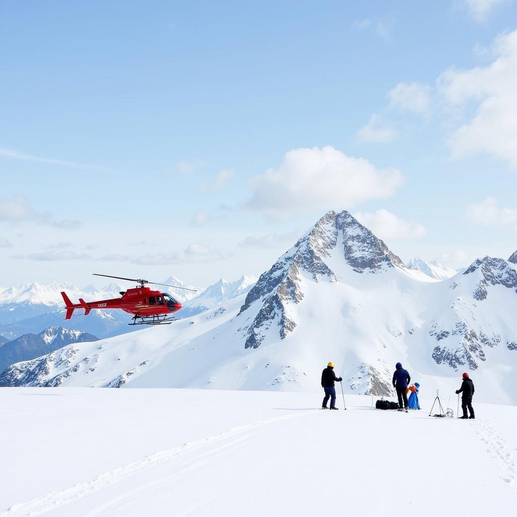 Helicopter landing on snowy mountain peak with skiers