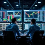 High frequency traders analyzing real-time market data on multiple screens