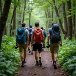 Group hiking through dense forest on nature trail