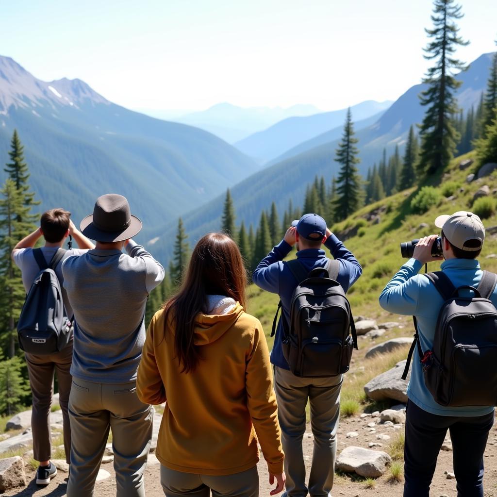 Hikers observing and appreciating nature