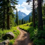 Scenic mountain hiking trail through dense forest
