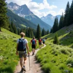 People hiking on a scenic mountain trail enjoying nature and fresh air
