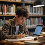 Student researching historical events in library