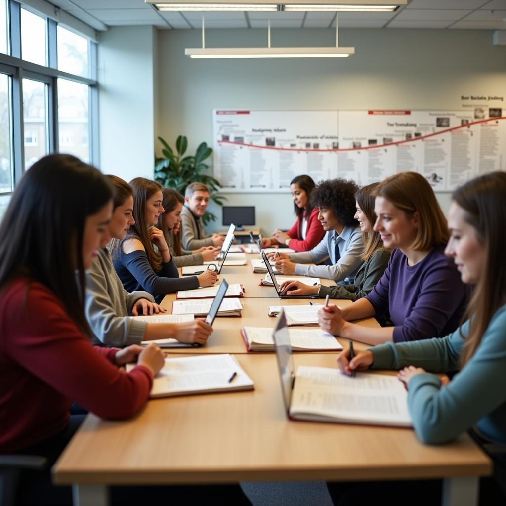 Students learning history in modern classroom setting
