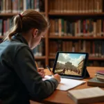 Student studying history through various learning methods
