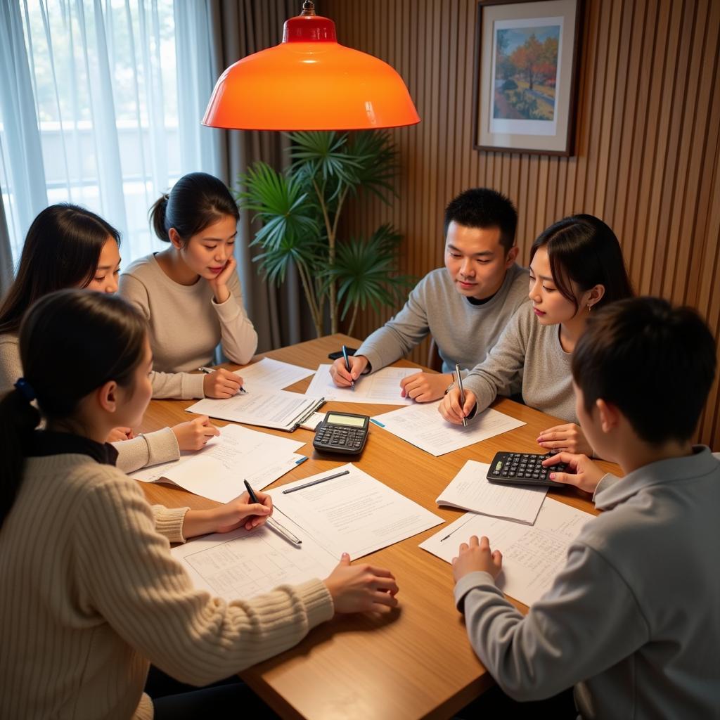 Family planning holiday budget with calculator and documents