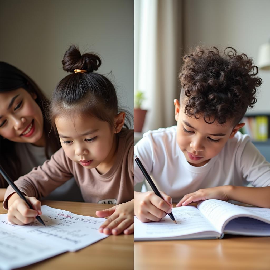 Parents helping with homework versus child studying independently