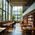 Student studying in a modern library with natural lighting