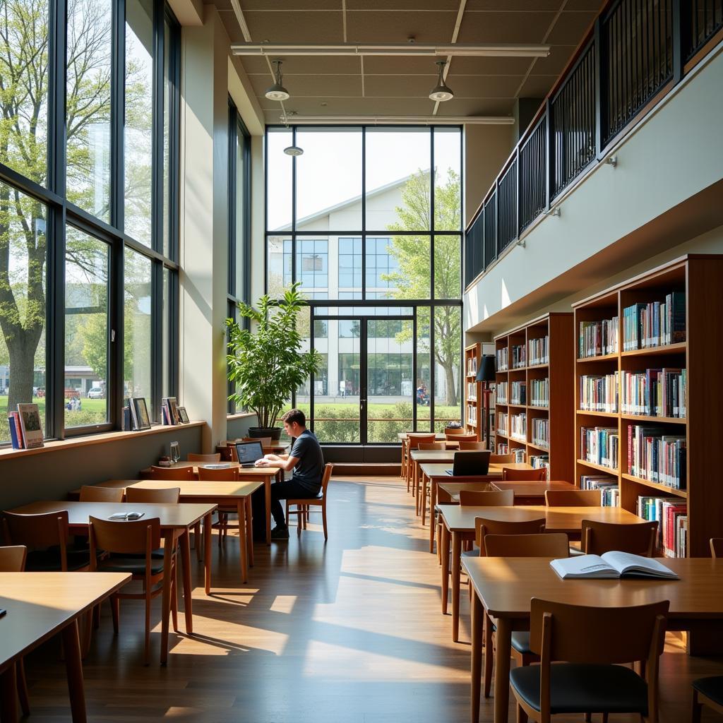 Student studying in a modern library with natural lighting